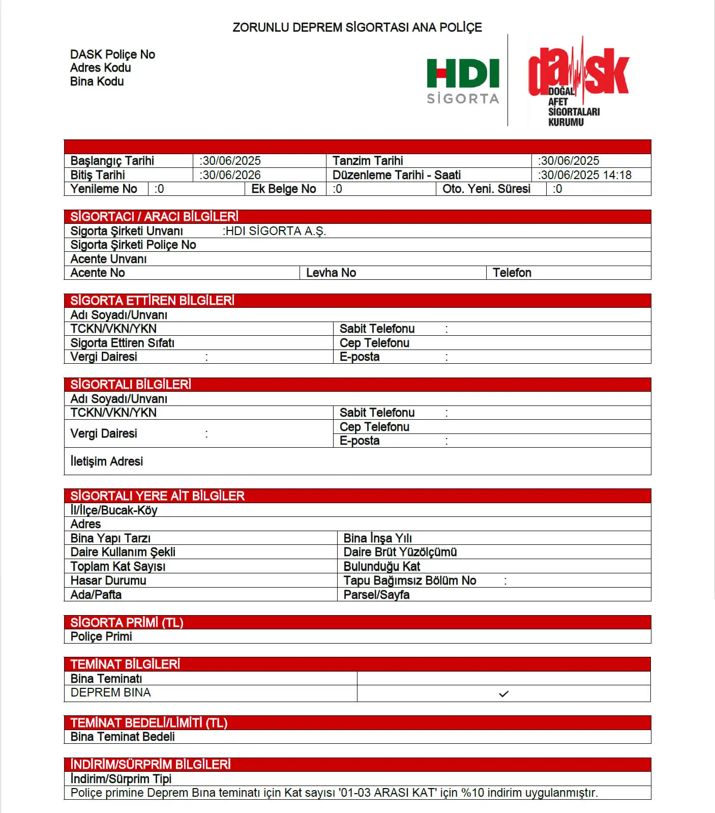 Typical Turkish compulsory earthquake insurance (DASK) policy layout
